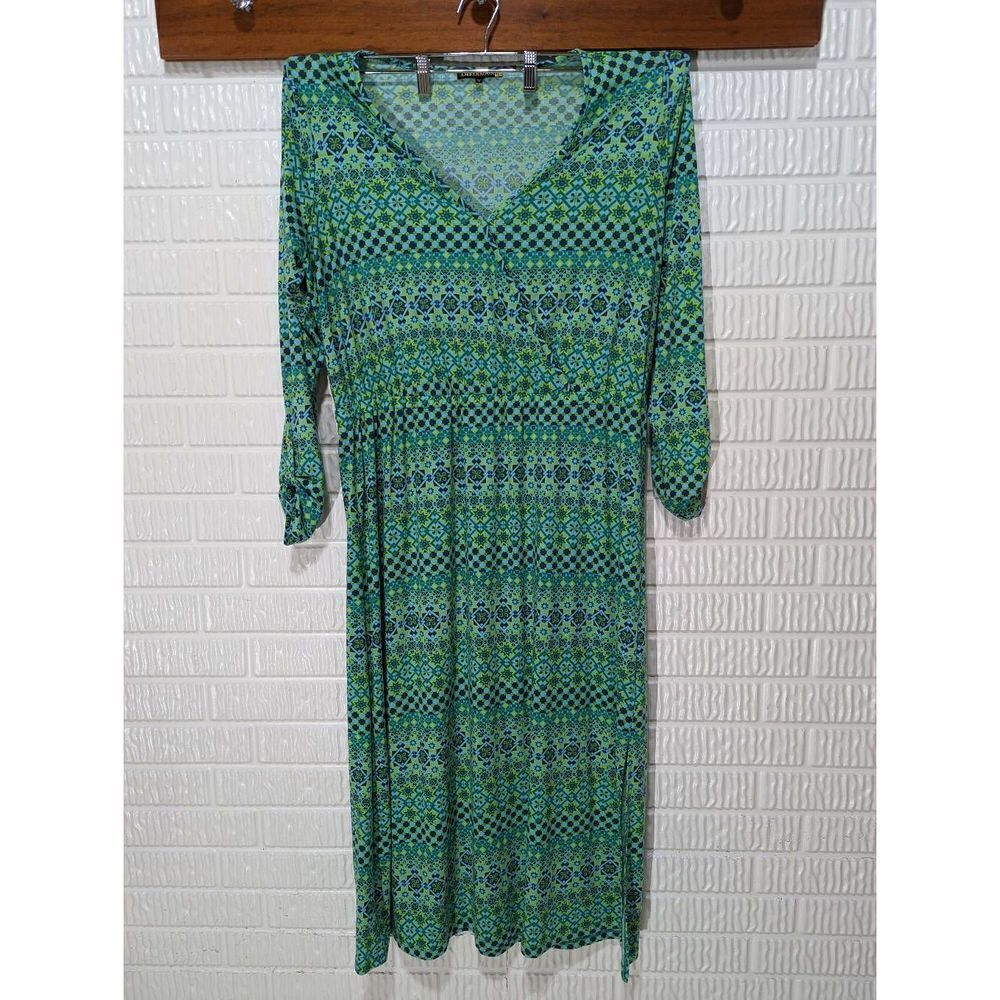 Ambernoon II size 1X Women's Green Printed Long-Sleeve Faux Wrap Midi Dress